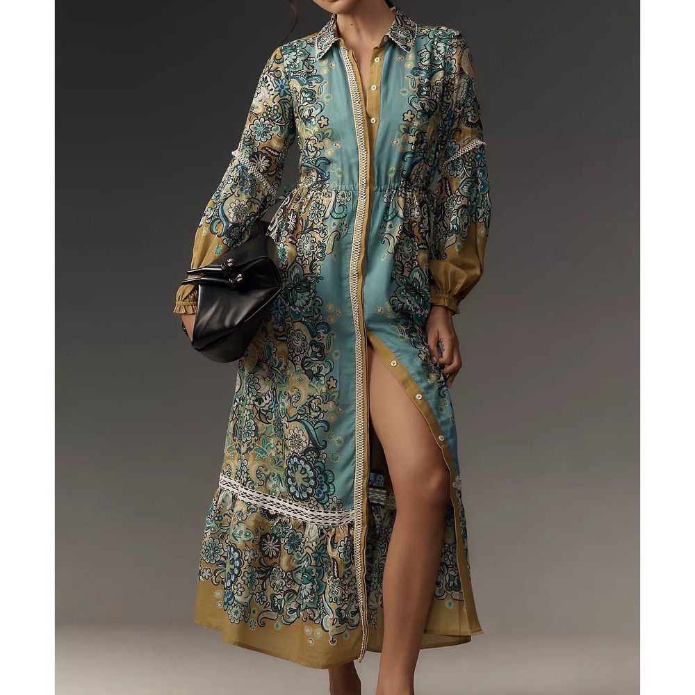 Anthropologie Eleanora Long-Sleeve Maxi Shirtdress Paisley Cotton Silk Lace Trim